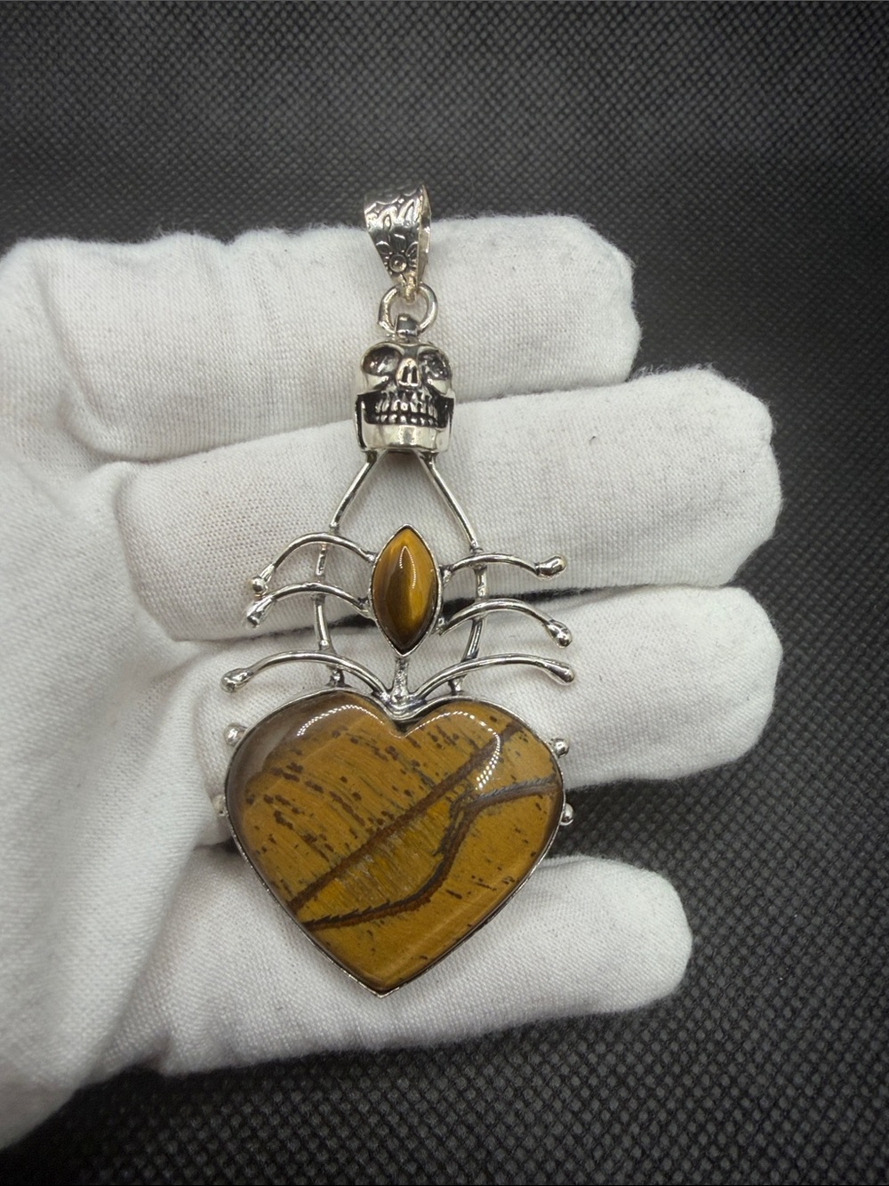 Sterling Silver Skull & Heart Tiger Eye Pendant - Brown 3.16”